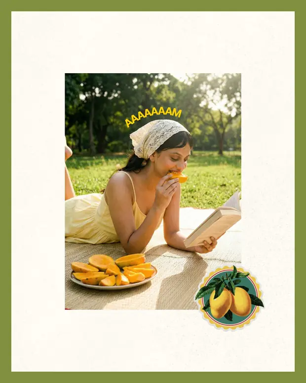 A woman at a garden table with a plate of sliced mango, set on a cream frame.
